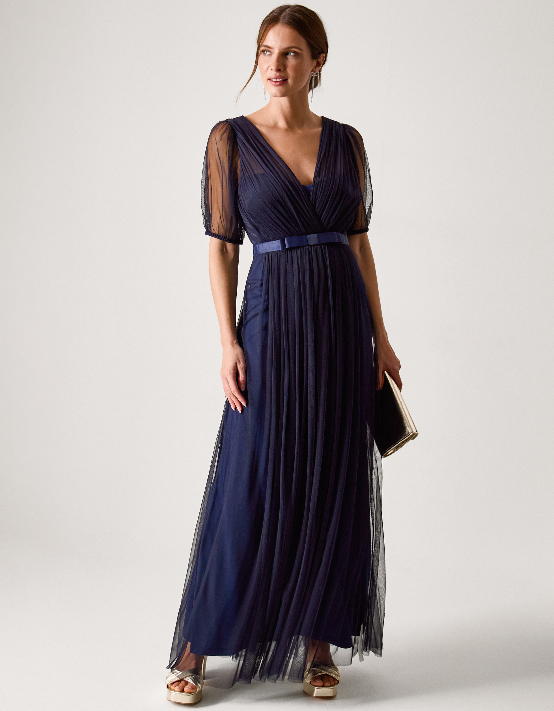 Monsoon Women's Navy Blue Elegant Ellie Sheer Sleeve Plunge Tulle Maxi Dress, Size: