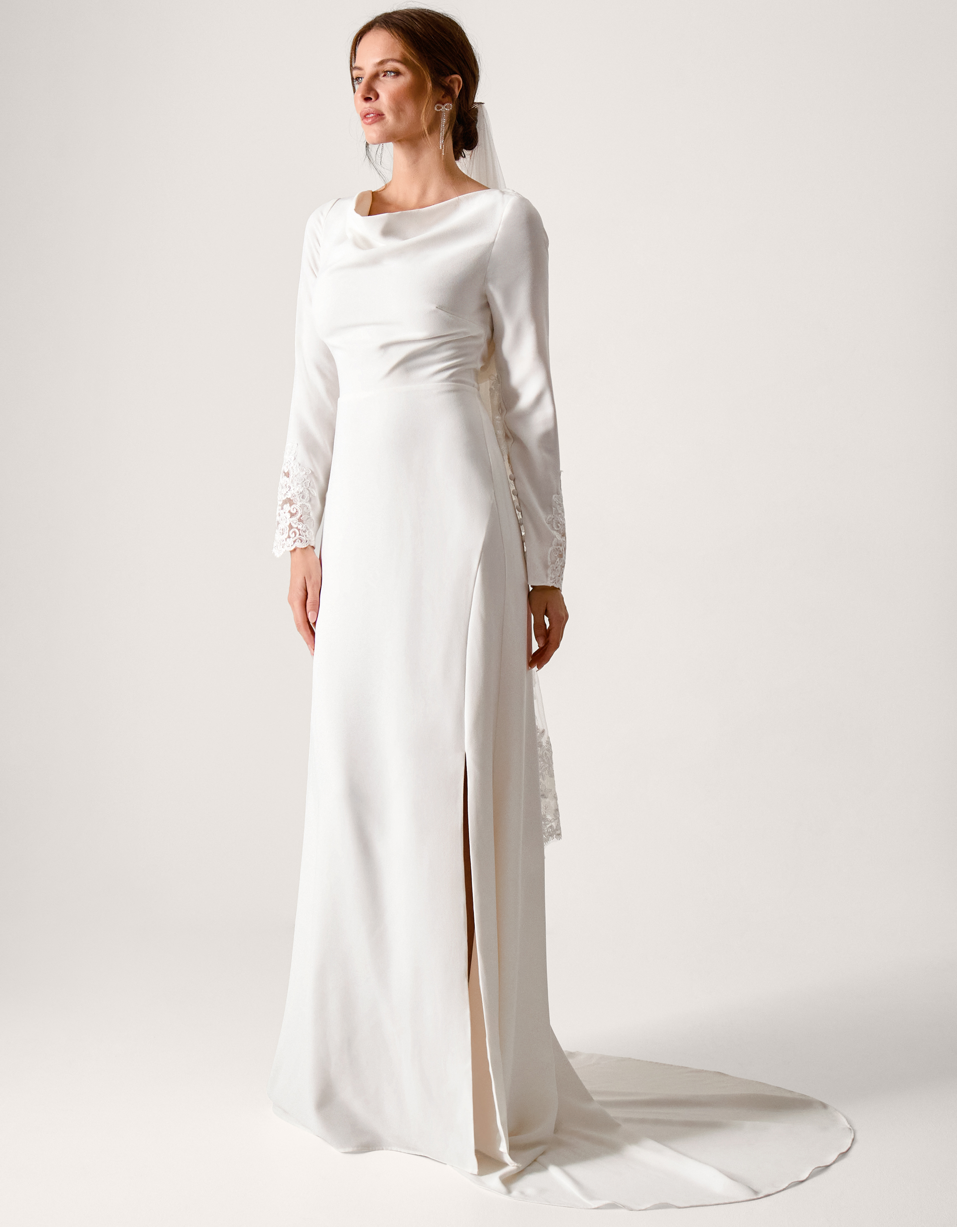 Aleah Long Sleeve Cowl Lace Wedding Dress Ivory