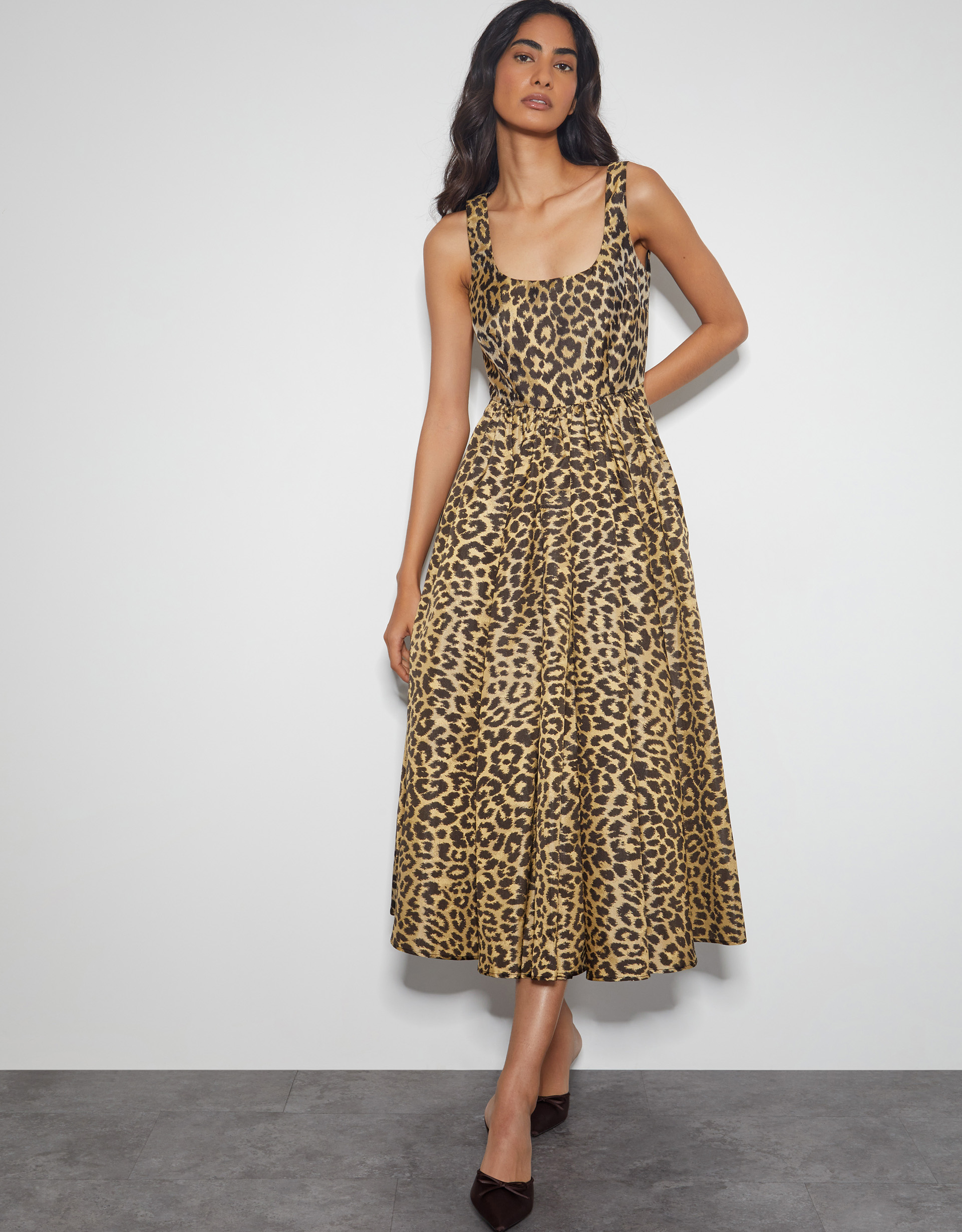 Monsoon Women's Brown Leopard Print Sicily Fit and Flare Midi Dress, Size: