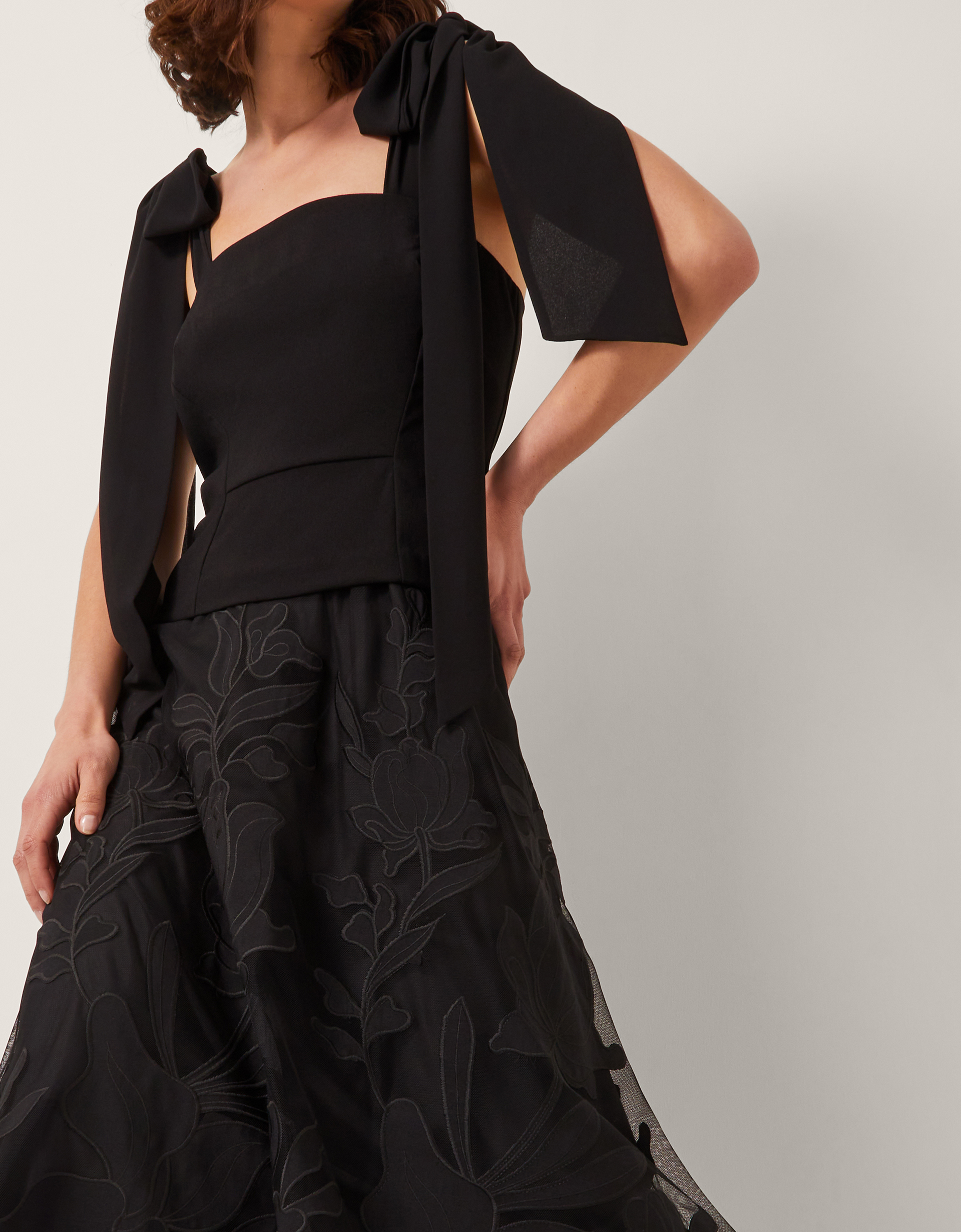 Briana Tie Floral Appliqué Midi Dress Black