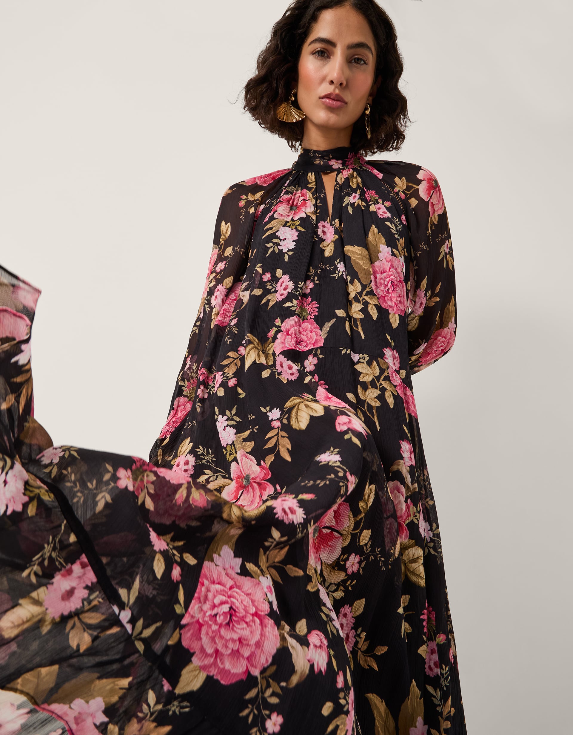 Monsoon Women's Black & Pink Floral Print Mariel Trapeze Midi Dress, Size: