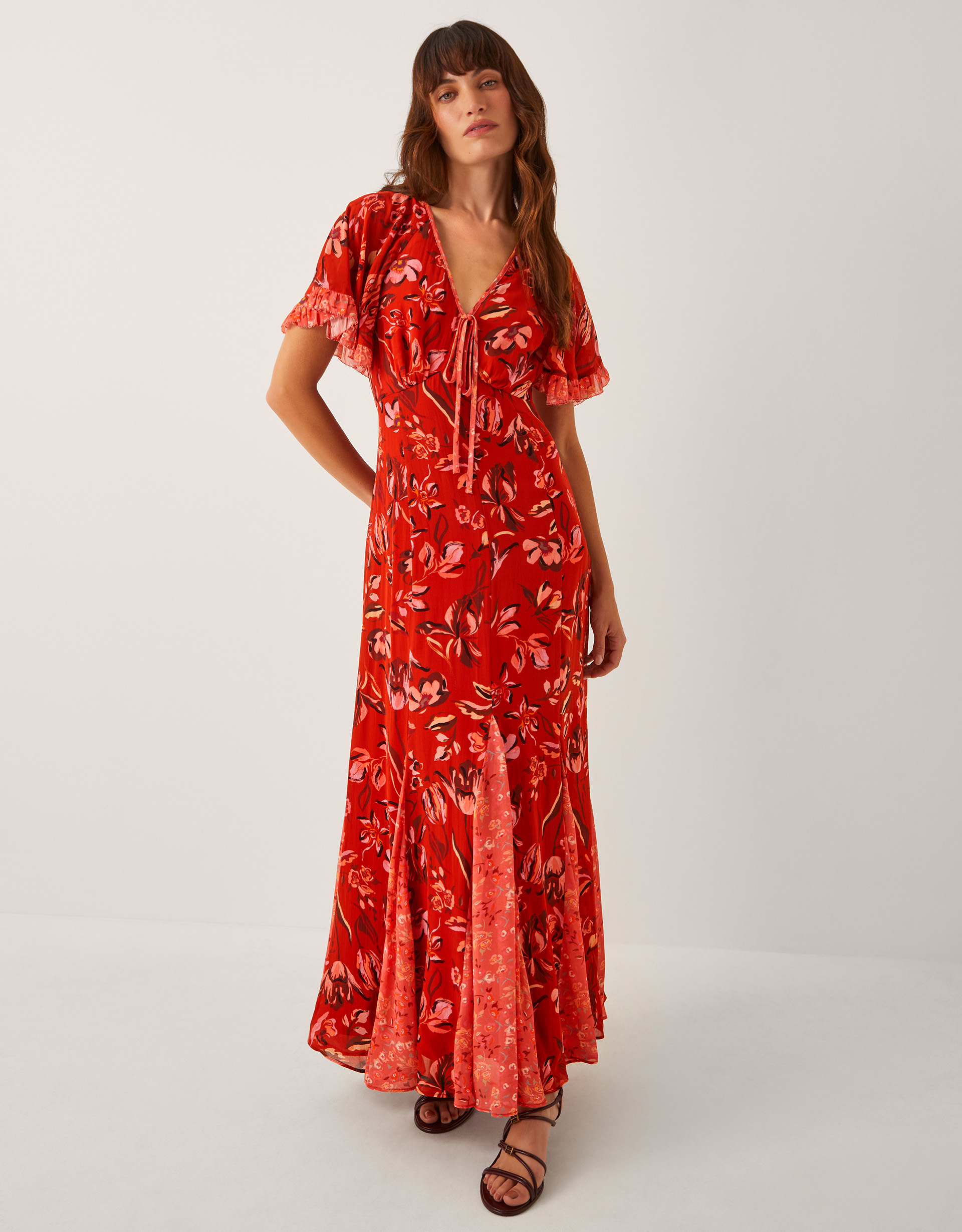 Monsoon Women's Orange Floral Print Tallie Cape Maxi Dress, Size: