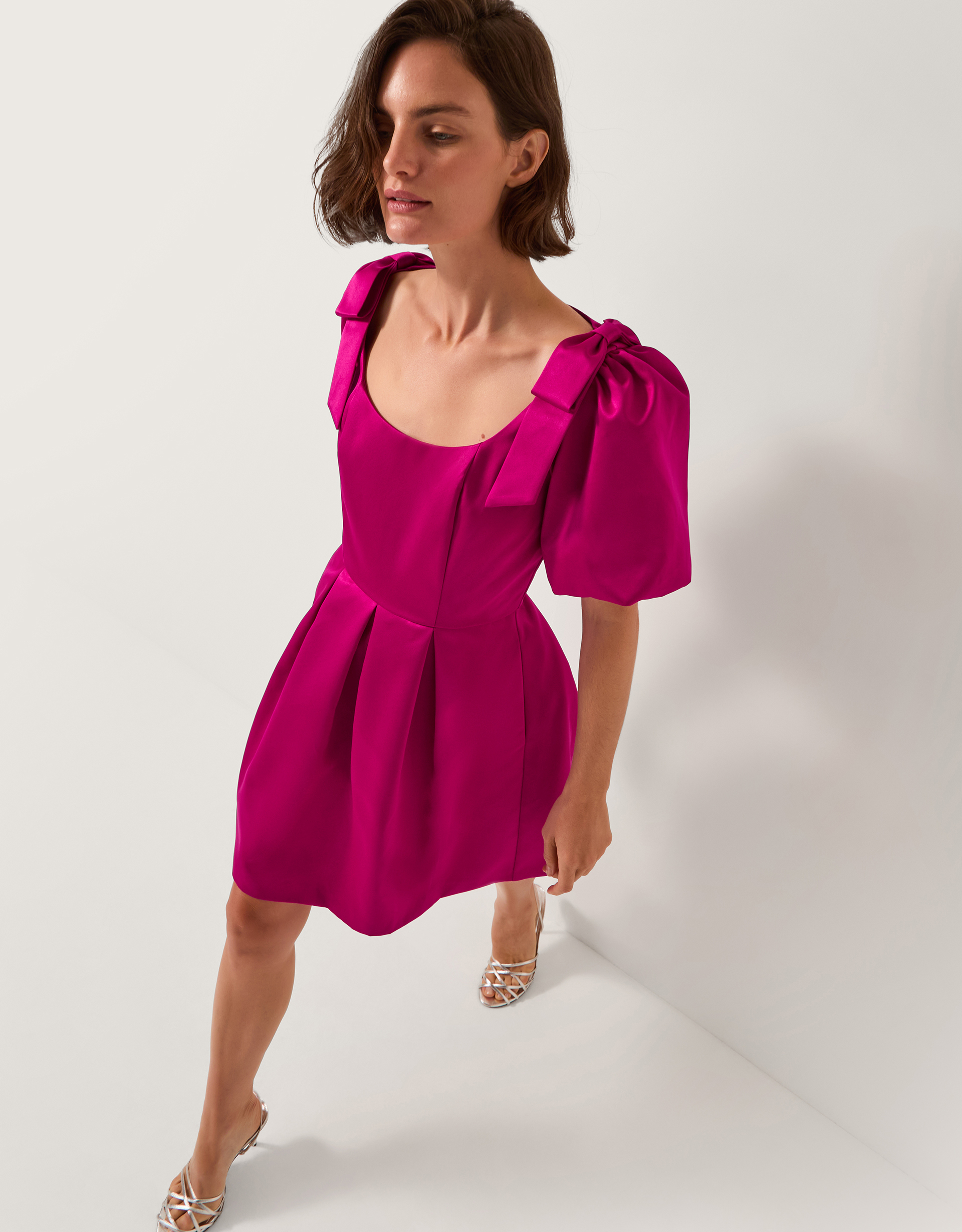 Monsoon Women's Dark Pink Sarai Puff Sleeve Satin Mini Dress, Size: