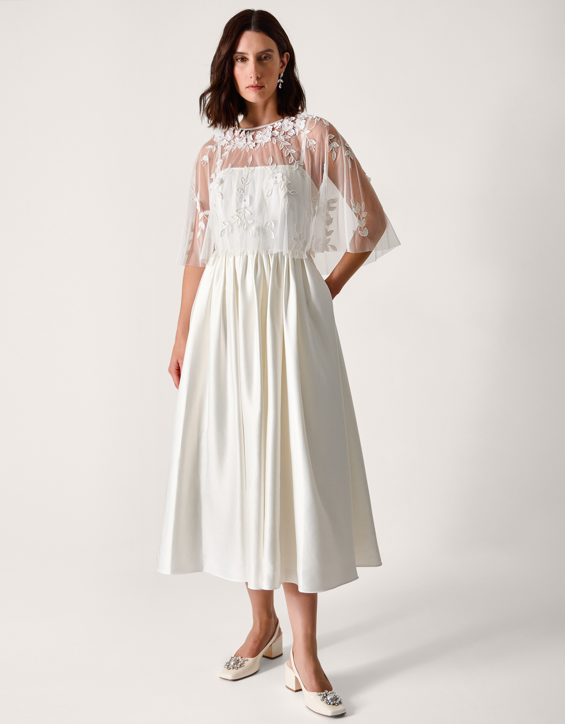 Celeste Satin Wedding Dress with Floral Embellished Cape Ivory