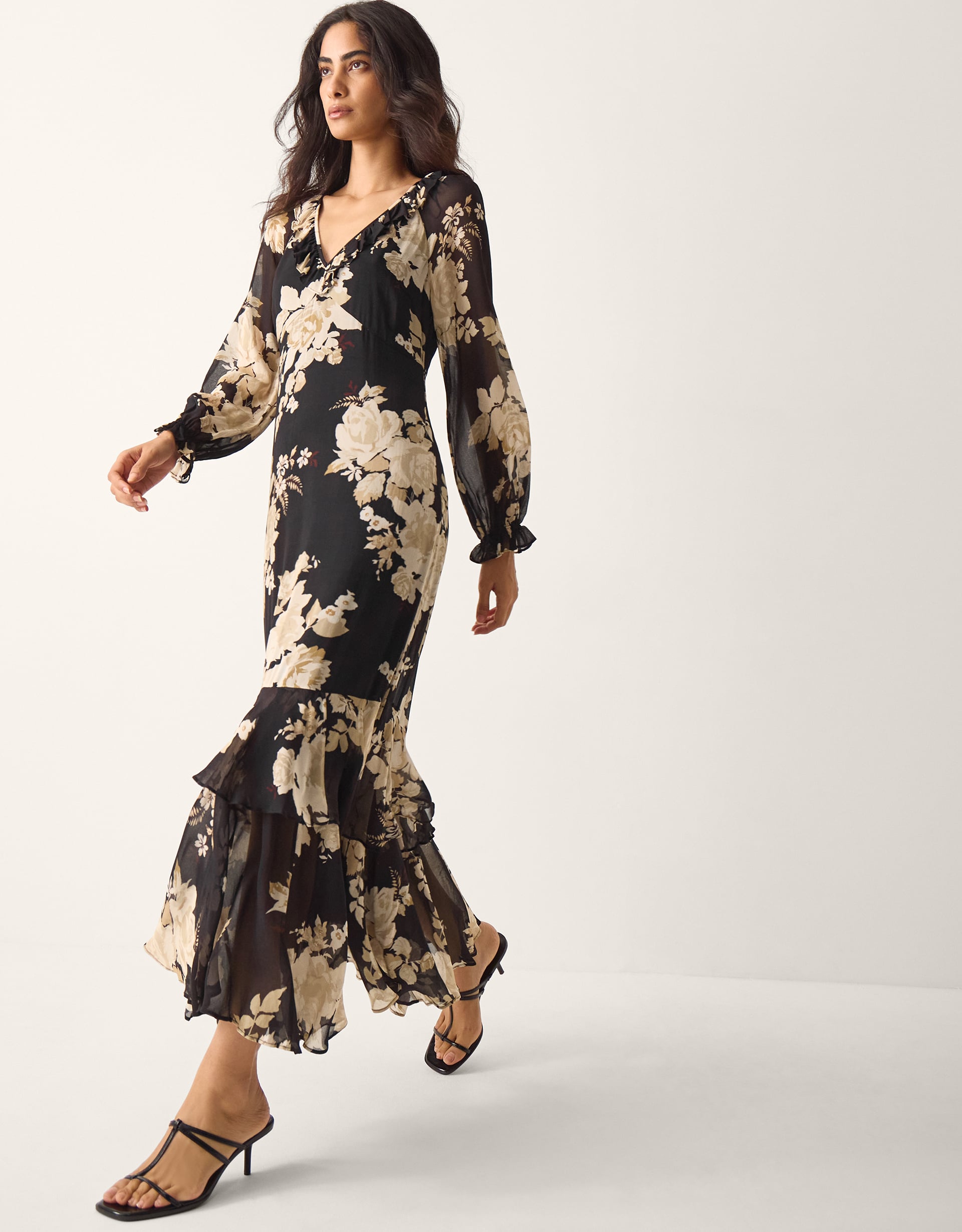 Monsoon Women's Black & Cream Floral Print Rowena Ruffle Maxi Dress, Size: