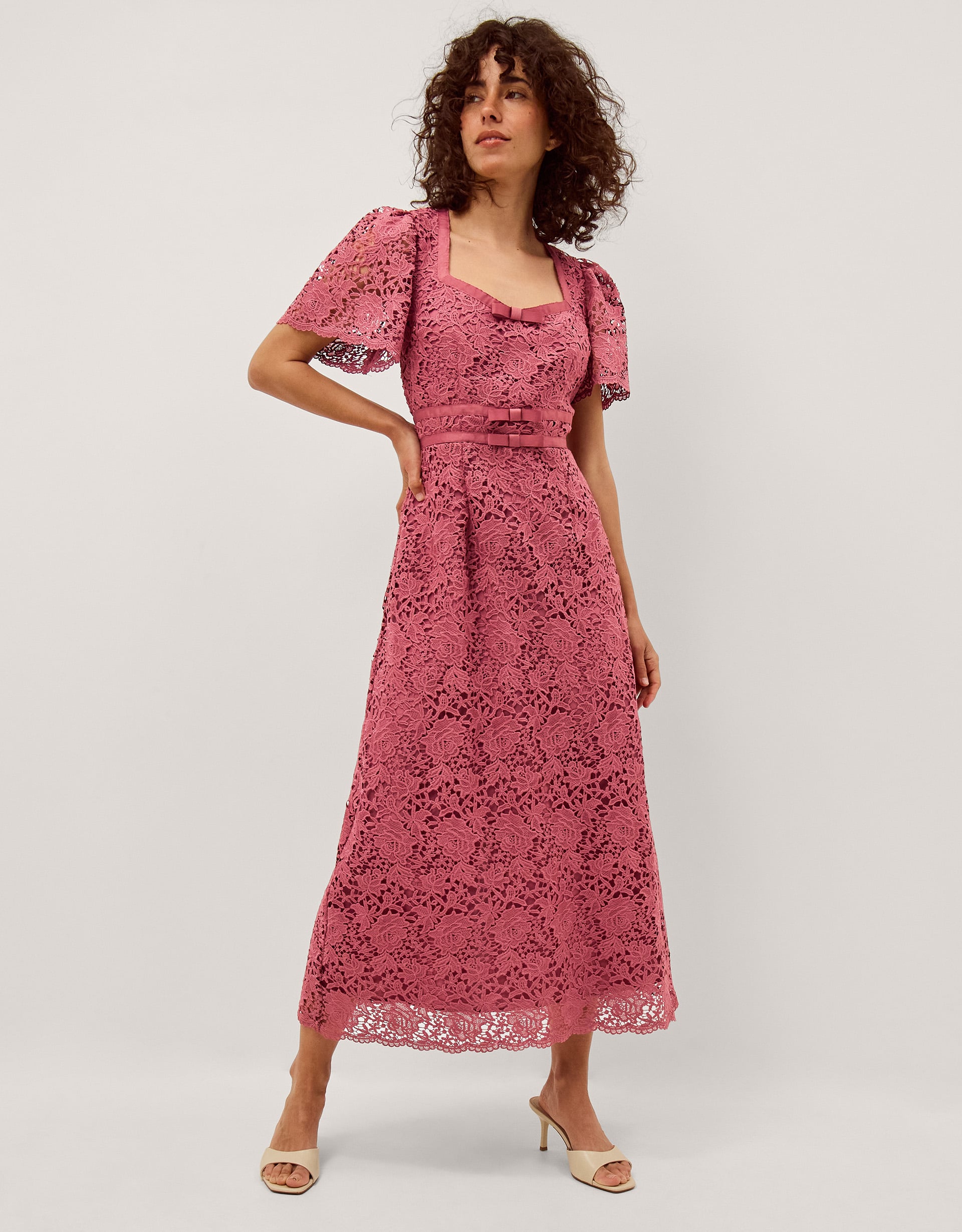 Regina Short Sleeve Lace Midi Dress Pink