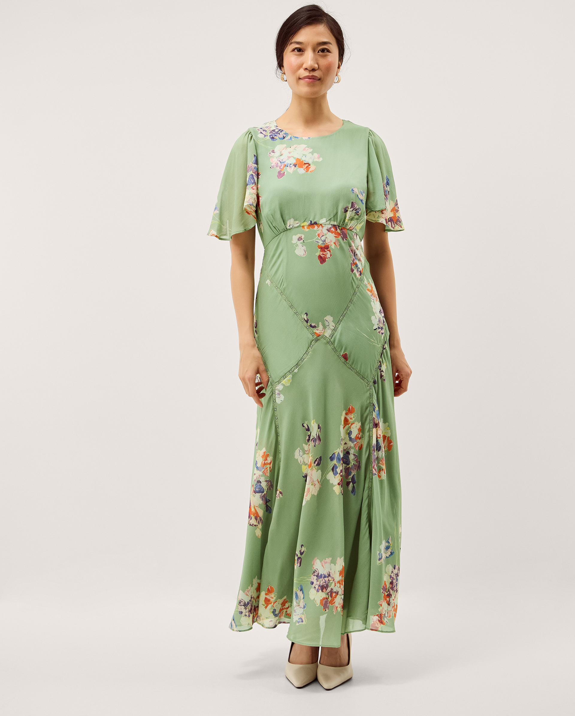 Monsoon Women's Green & Blue Floral Print Amber Flutter Maxi Dress, Size: