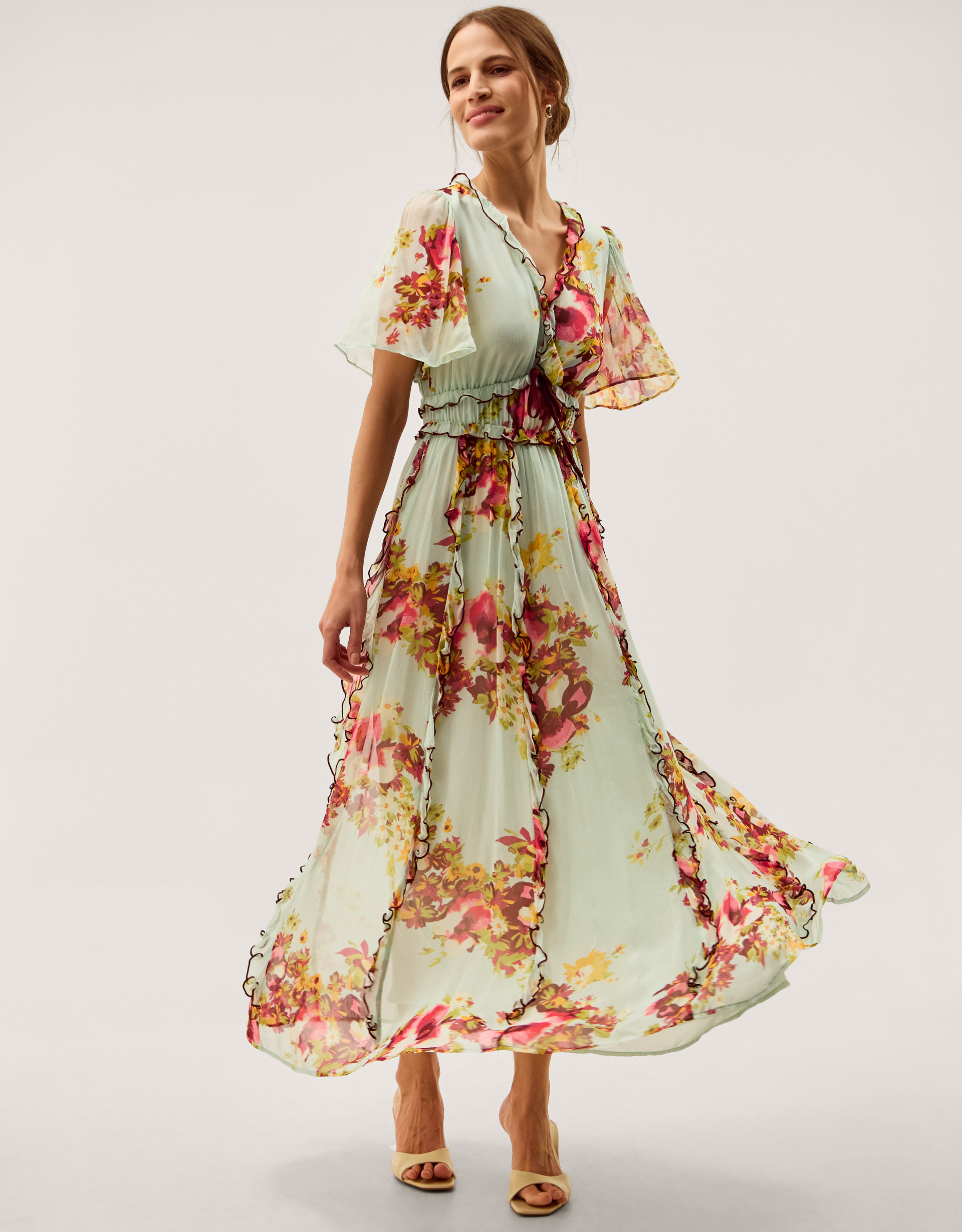 Perrie Floral Print Frill Maxi Dress Green