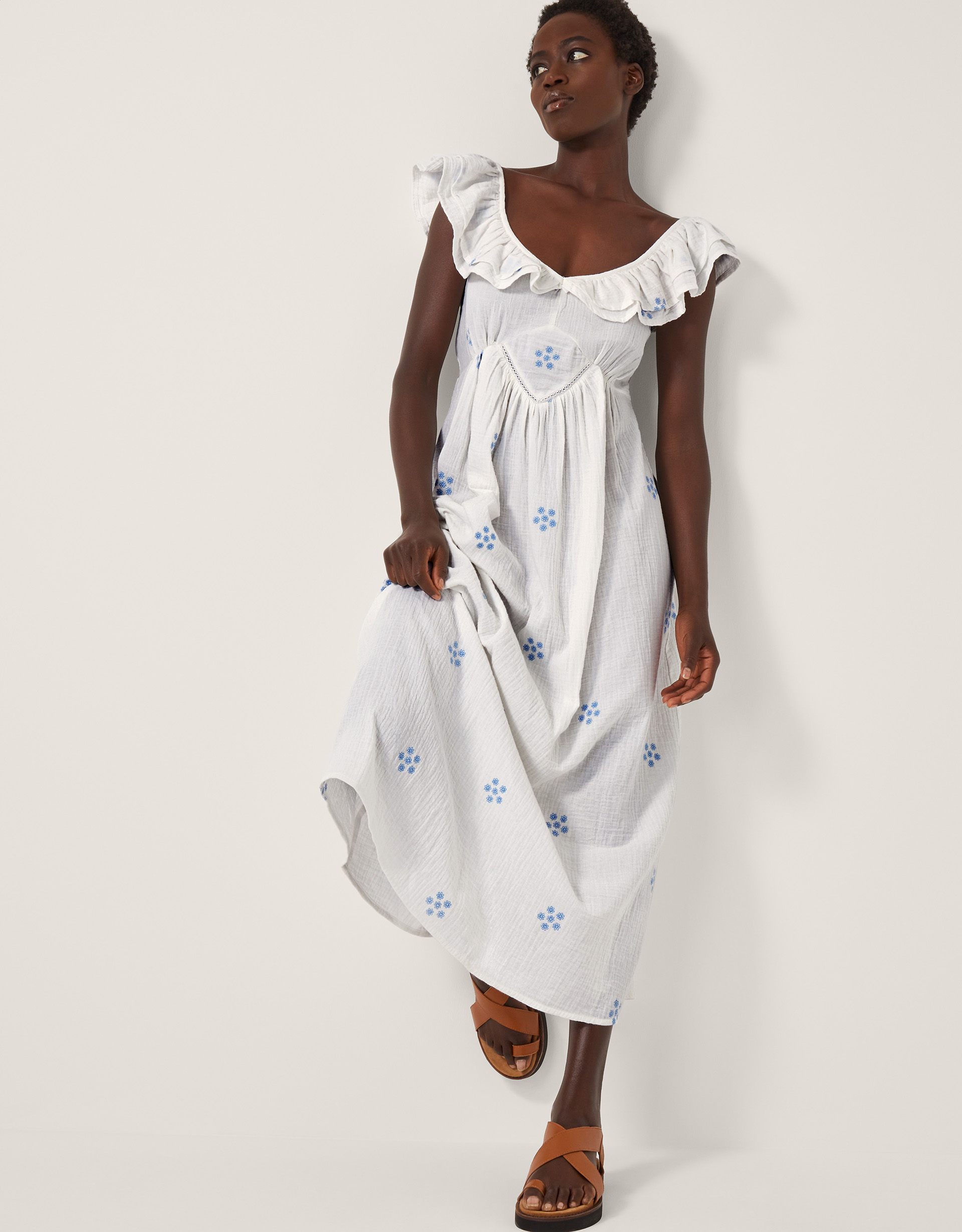 Daisy Frill Embroidered Midi Dress White