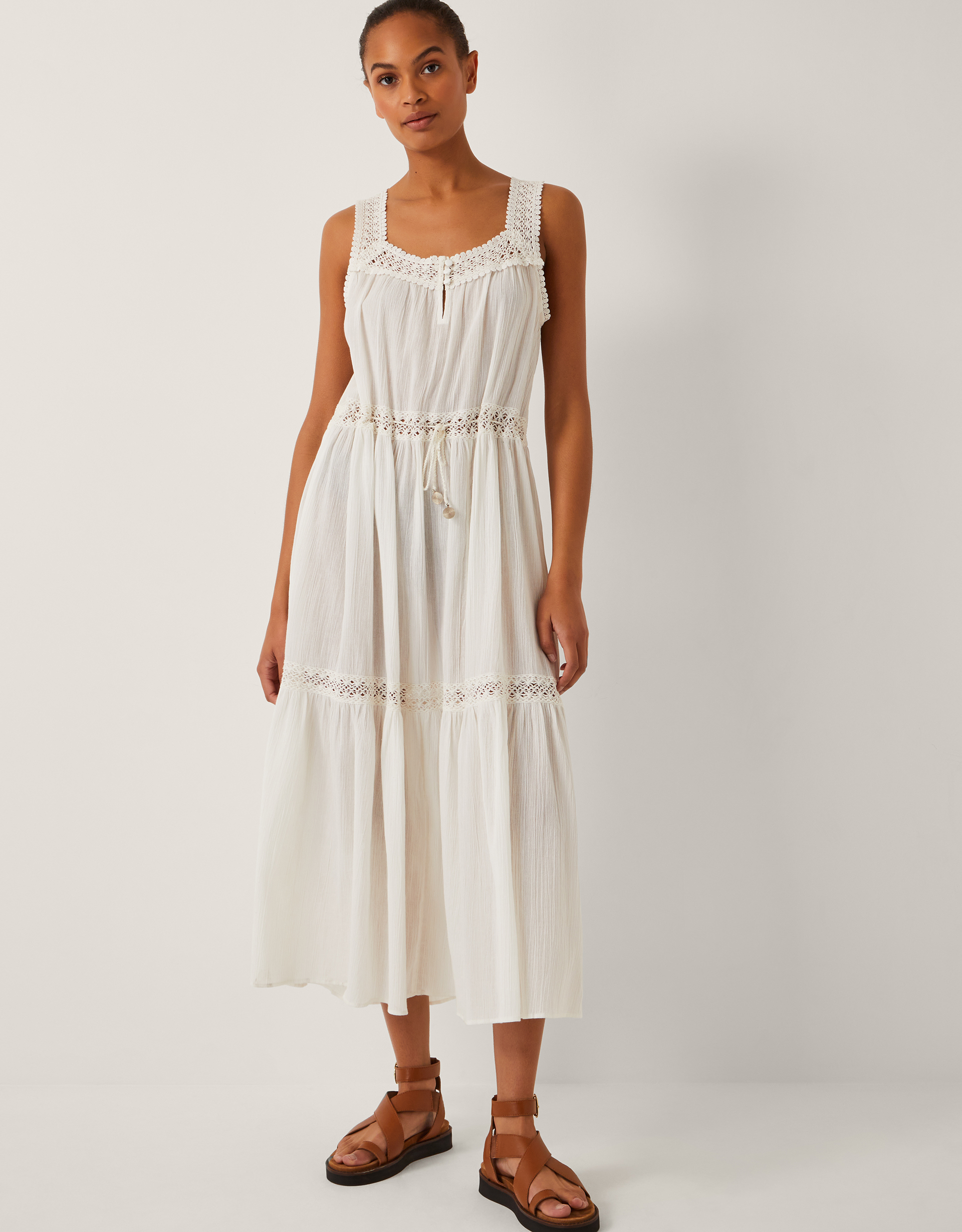 Maddi Sleeveless Embroidered Midi Dress Cream