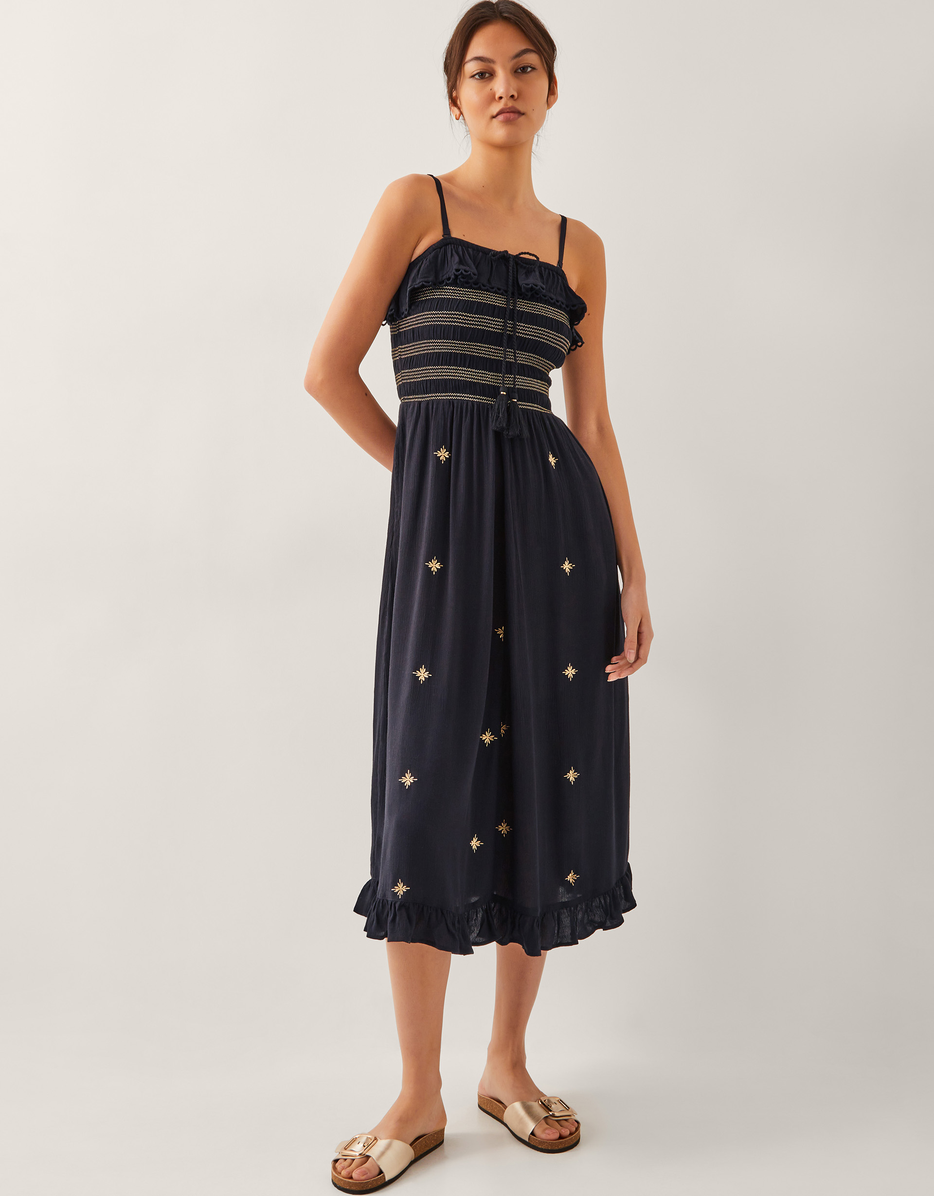 Blair Embroidered Frill Midi Dress Black
