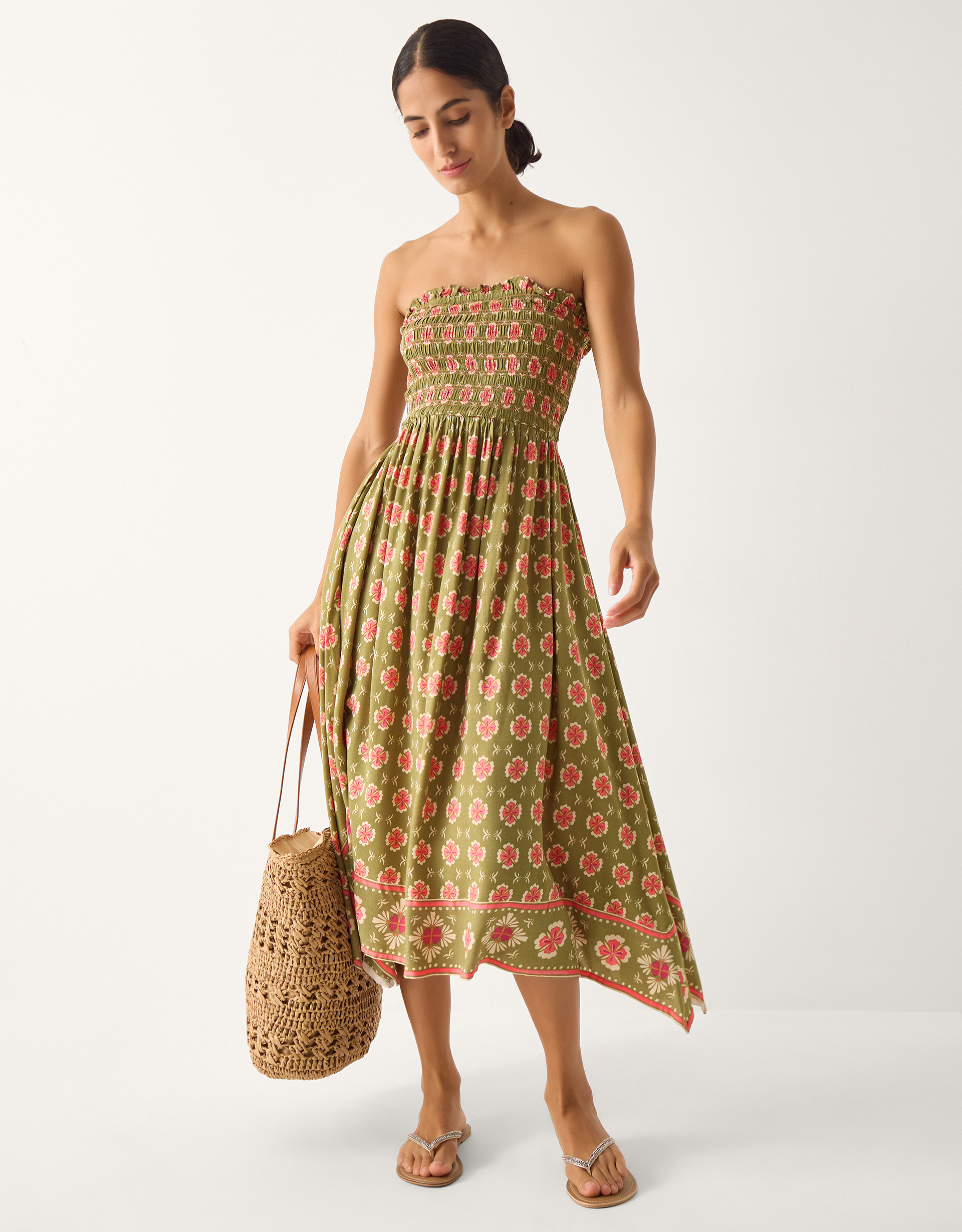 Maddie Floral Print Bandeau Midi Dress Green