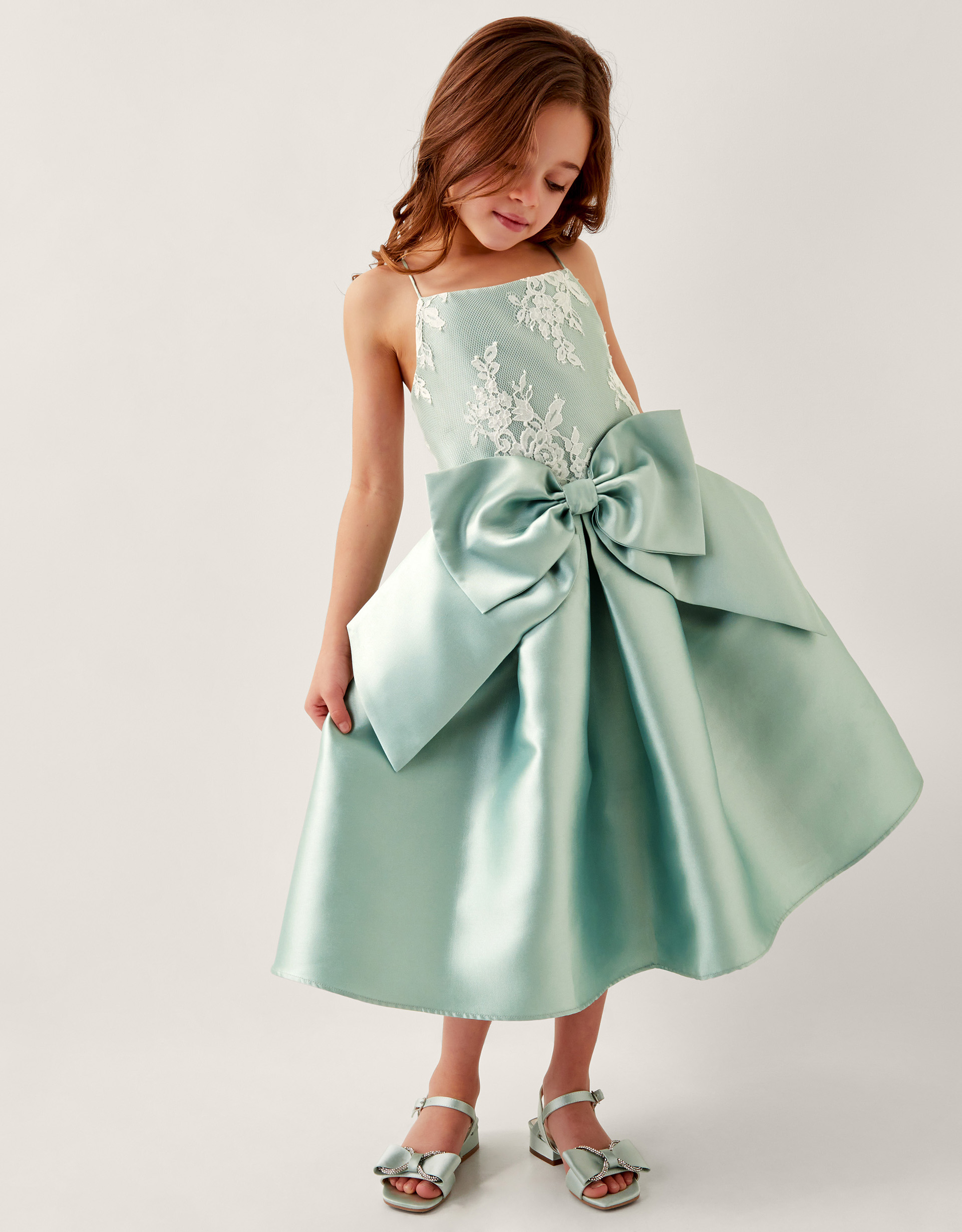 Juniper Satin Lace Bow Bridesmaid Dress Green