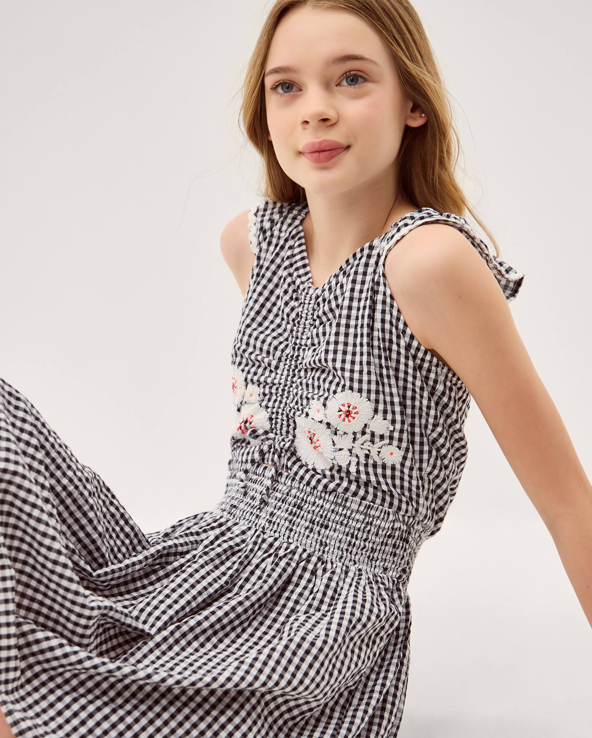 Floral Embroidered Gingham Cut-Out Dress Black