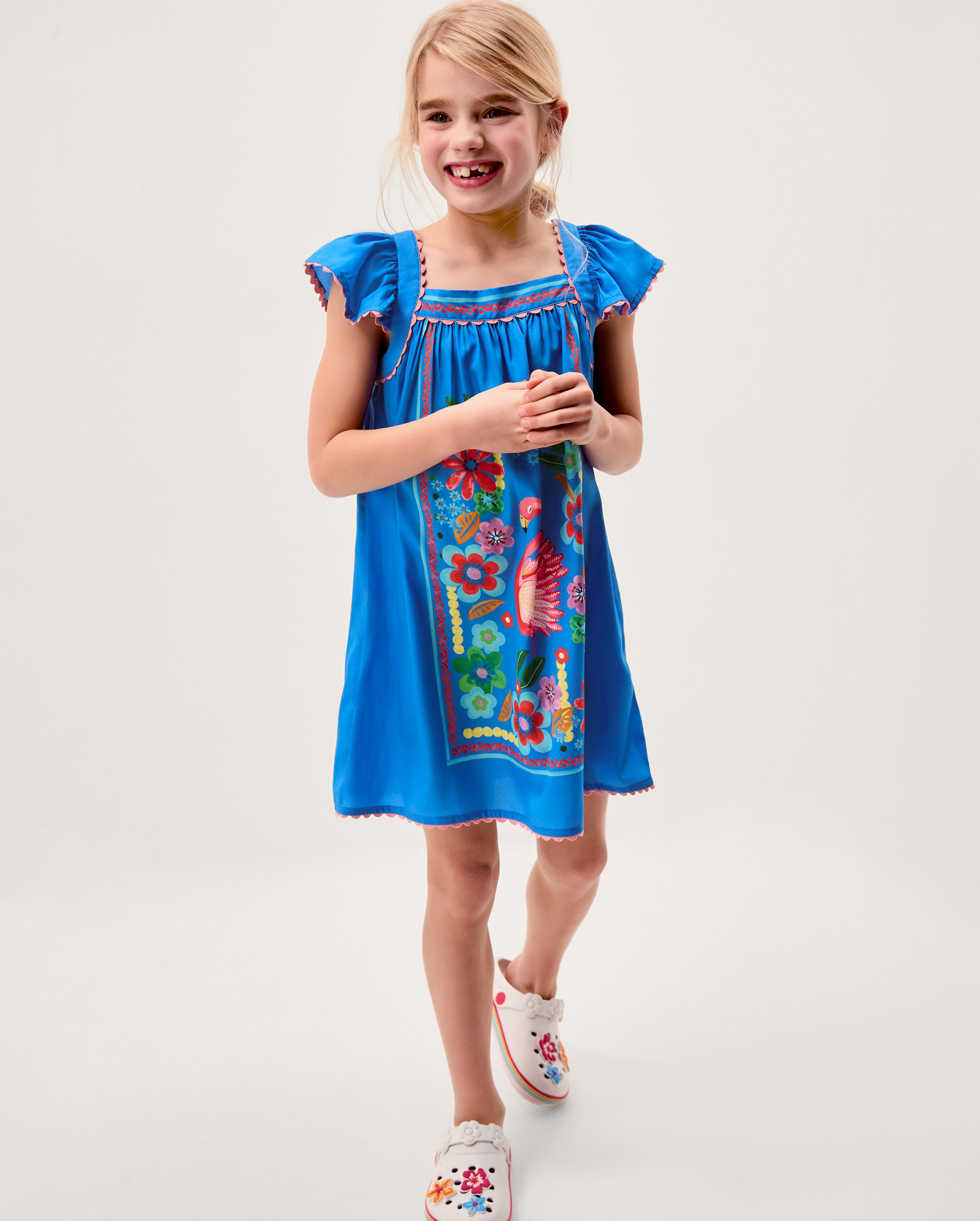 Flamingo Floral Print Beach Dress Blue