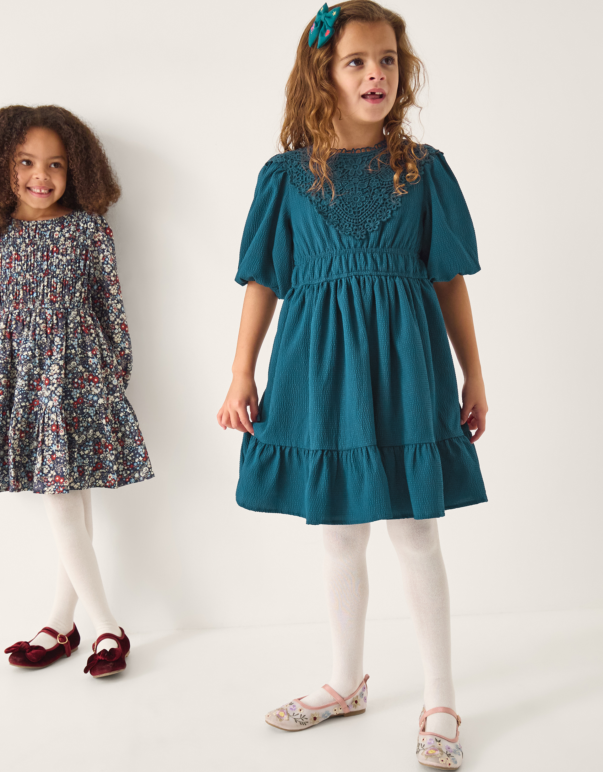 Crochet Yoke Tiered Dress Blue