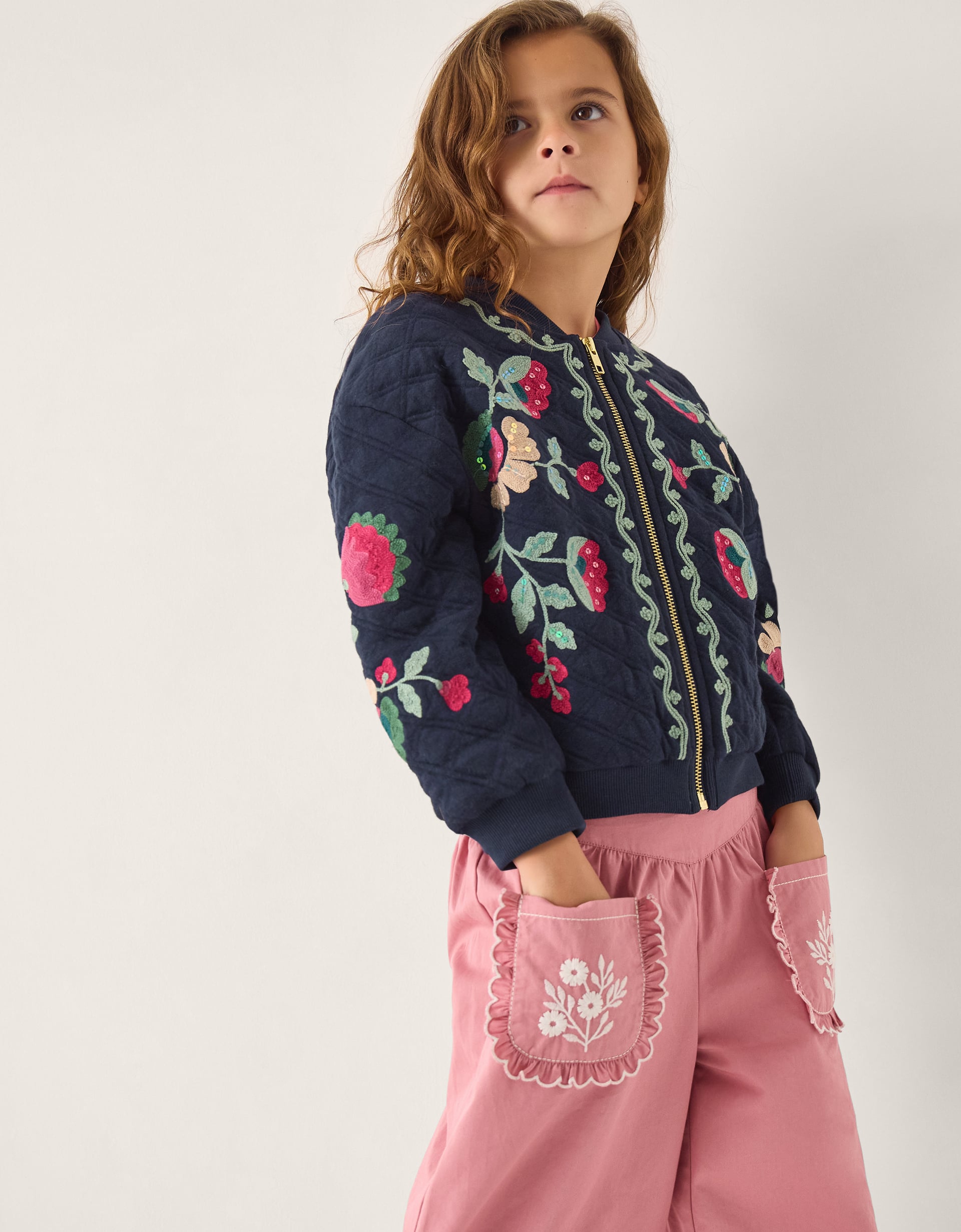 Floral Embroidered Quilted Bomber Jacket Blue