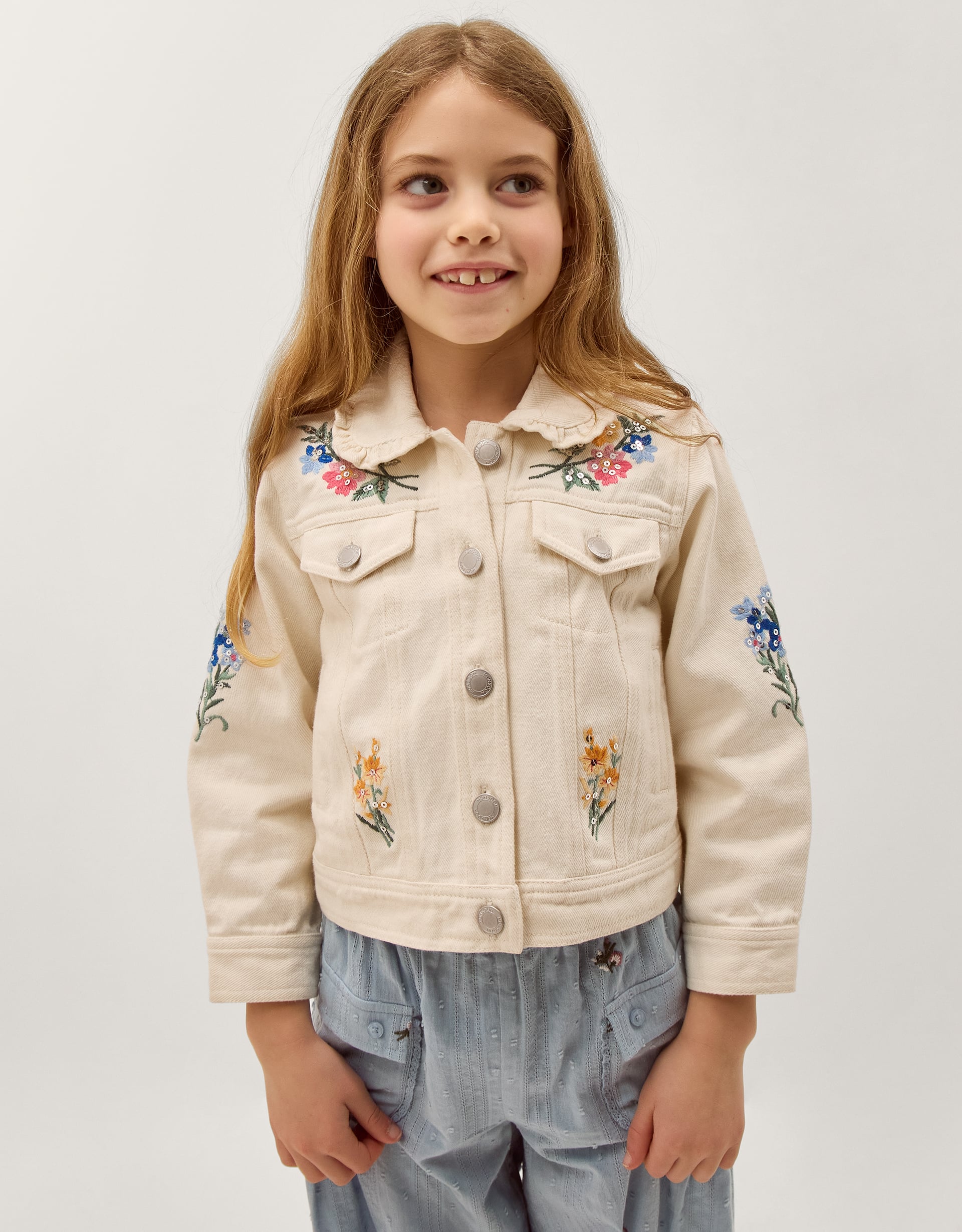 Embellished Floral Denim Jacket Ivory