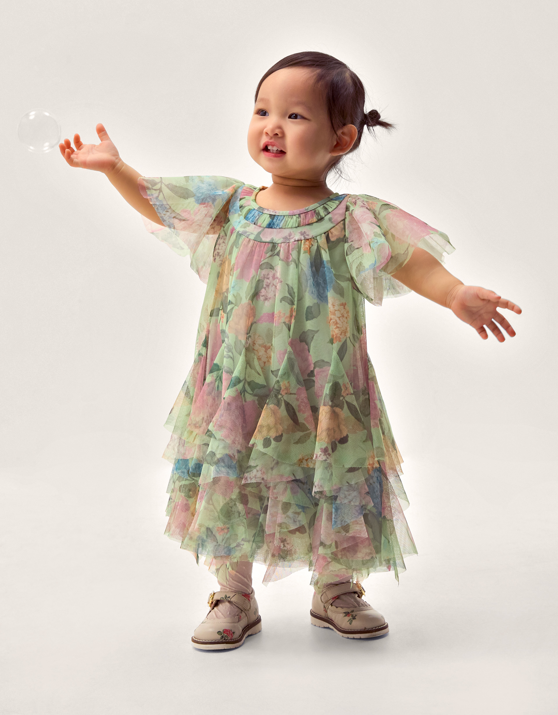 Baby Nessa Floral Mesh Party Dress Green