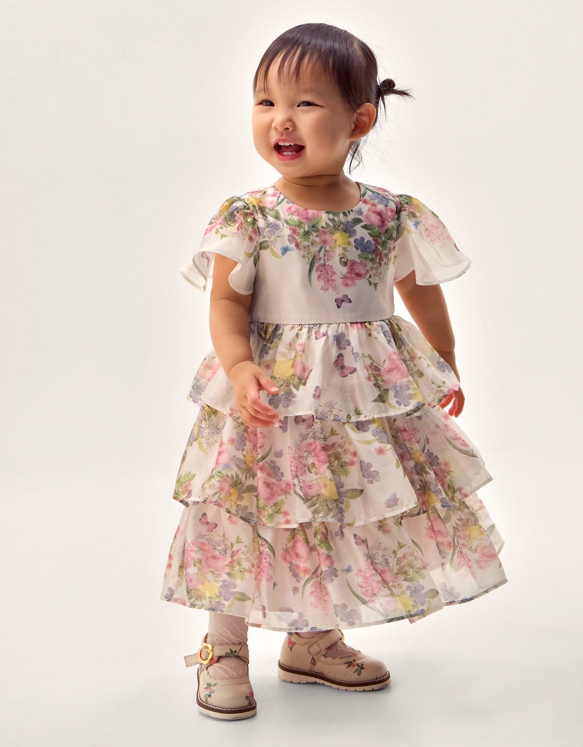 Baby Botanical Print Tiered Party Dress Pink