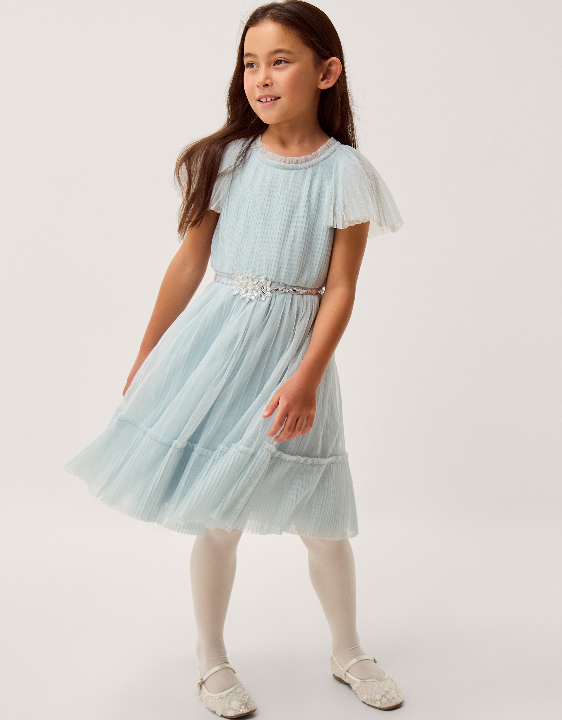 Sky Embellished Pleated Party Dress Green