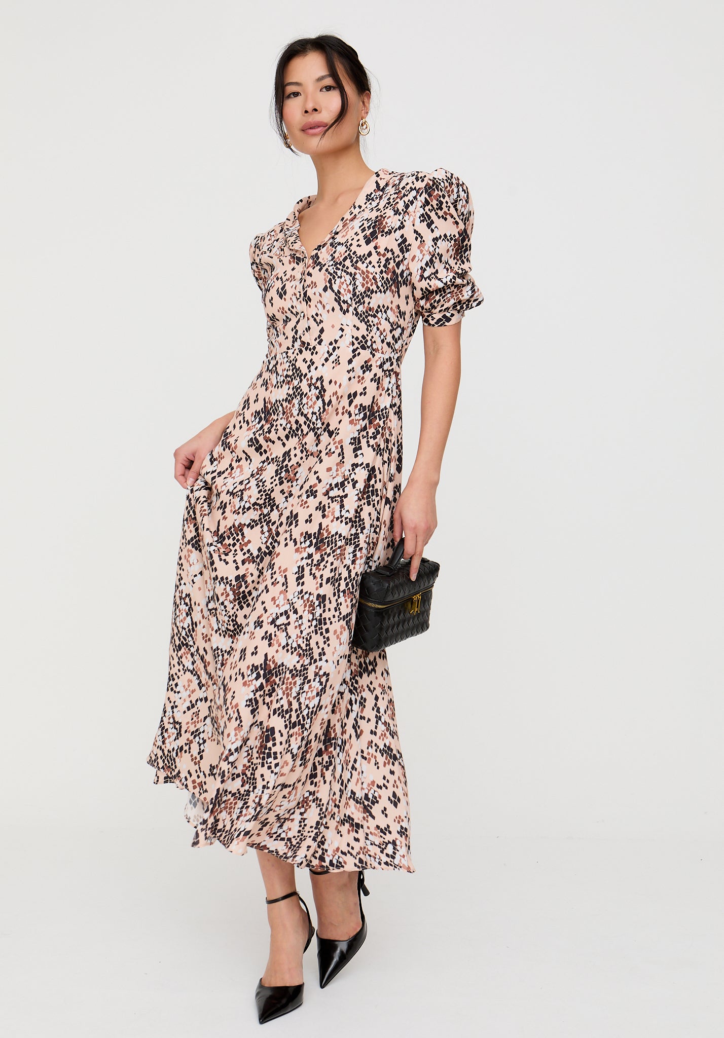 Julia Button Down Snakeskin Print Maxi Dress In Brown