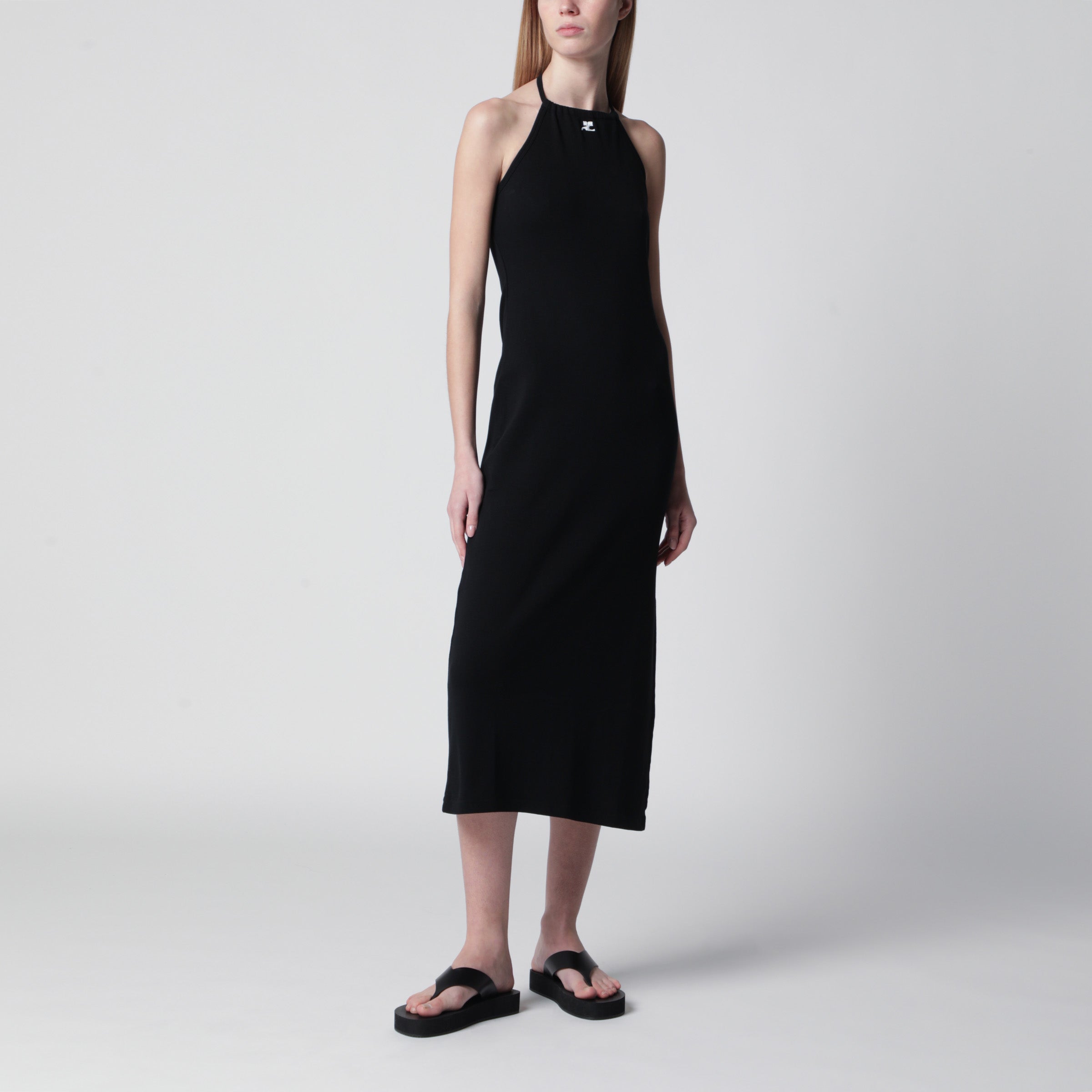 Long halterneck jersey dress in cotton, black