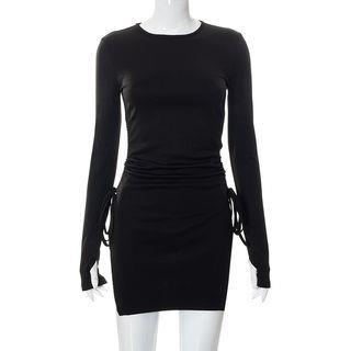 Long-Sleeve Slit Plain Mini Bodycon Dress MDS - Black