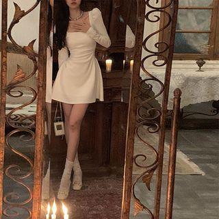 Long-Sleeve Square-Neck Plain Maxi A-line Dress Various Designs White - Short