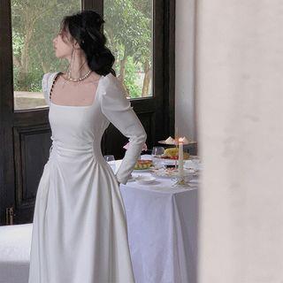 Long-Sleeve Square-Neck Plain Maxi A-line Dress Various Designs White - Long