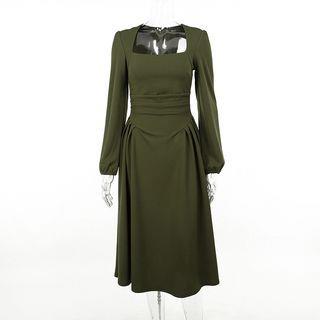 Puff-Sleeve Queen Anne-Neckline Plain Shirred Midi A-Line Dress Green