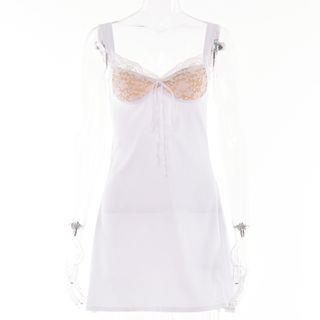 Sleeveless Plain Lace Panel Mini A-Line Dress White