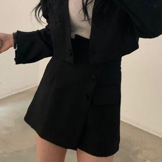 Set: Single-Button Cropped Plain Blazer + High Waist Buttoned Mini A-Line Skirt Skirt - Black