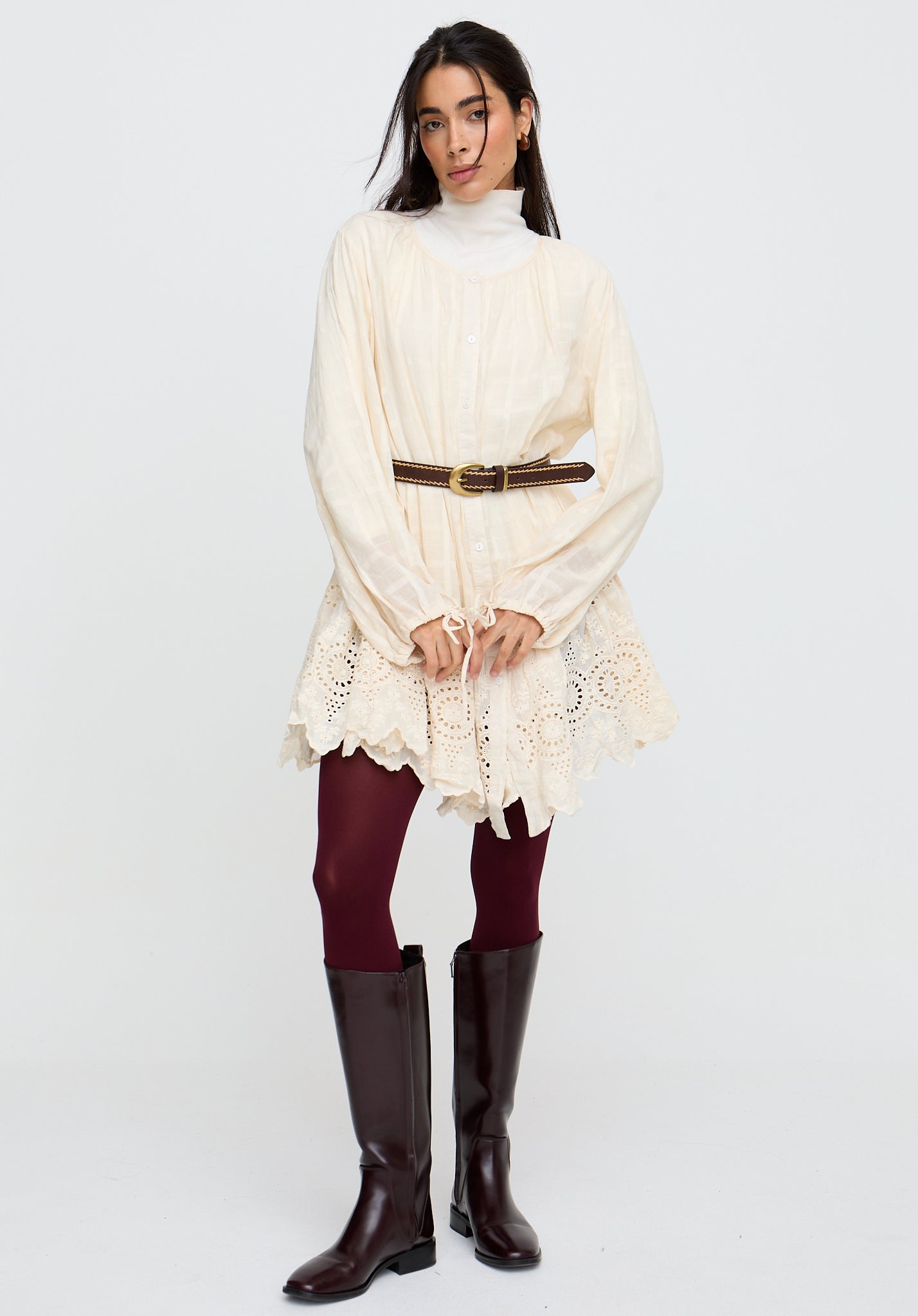 Olivia Button Down Embroidered Mini Dress In Cream