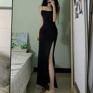 Spaghetti Strap Plain Side-Slit Maxi Sheath Dress Black