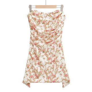 Strapless Satin Mini A-Line Dress Pink Floral - White