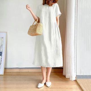 Short-Sleeve Round Neck Plain Midi A-Line Dress White -