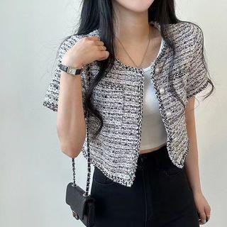 Short Sleeve Single Breasted Tweed Crop Blazer Black