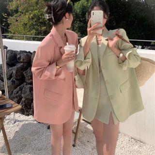 Spaghetti Strap Square Neck Plain Slit Mini Sheath Dress Oversized Single-Breasted Blazer Blazer - Pink