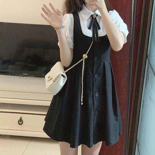 Short-Sleeve Plain Shirt Square Neck Button Mini A-Line Pinafore Dress Shirt - White