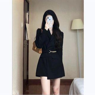 Plain Mini A-Line Blazer Dress Long-Sleeve Peplum Shirt Blazer - Black