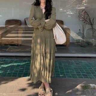 Long-Sleeve V-Neck Plain Maxi A-Line Dress Green
