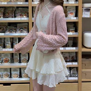 Balletcore Spaghetti Strap V-Neck Plain Frill Mini A-Line Dress Dress - Almond