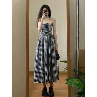 Strapless Plaid Midi A-Line Dress Plain Crop Cardigan Dress - Black