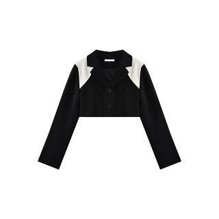 Two Tone Crop Single-Breasted Blazer Tube Top High Rise Wide Leg Pants Blazer - Black
