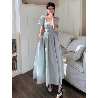 Tie-Waist Square-Neck A-Line Maxi Dress Grayish Blue