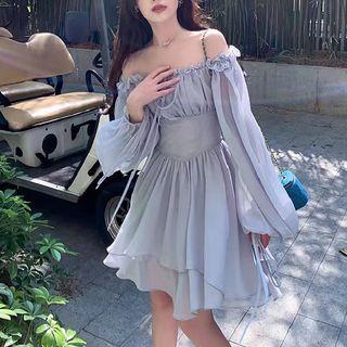 Long-Sleeve Off-Shoulder Plain Ruffle Trim Mini A-Line Corset Dress Gray Blue