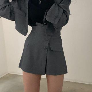 Set: Single-Button Cropped Plain Blazer + High Waist Buttoned Mini A-Line Skirt Skirt - Gray