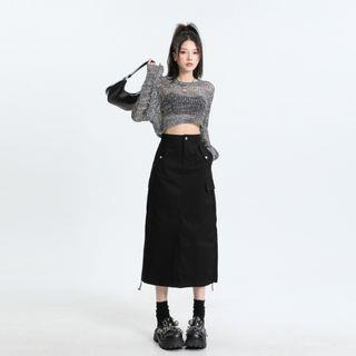 High Rise Plain Drawstring Midi A-Line Cargo Skirt Black