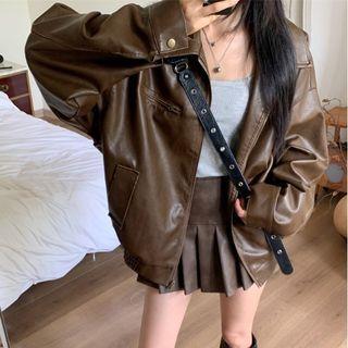 Plain Faux Leather Zip Jacket High Rise Pleated Mini A-Line Skirt - Skirt - Black